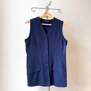 ❄️ 90s Vintage Navy Blue Minimalist Tailored Vest Decorative Diagonal Pockets
